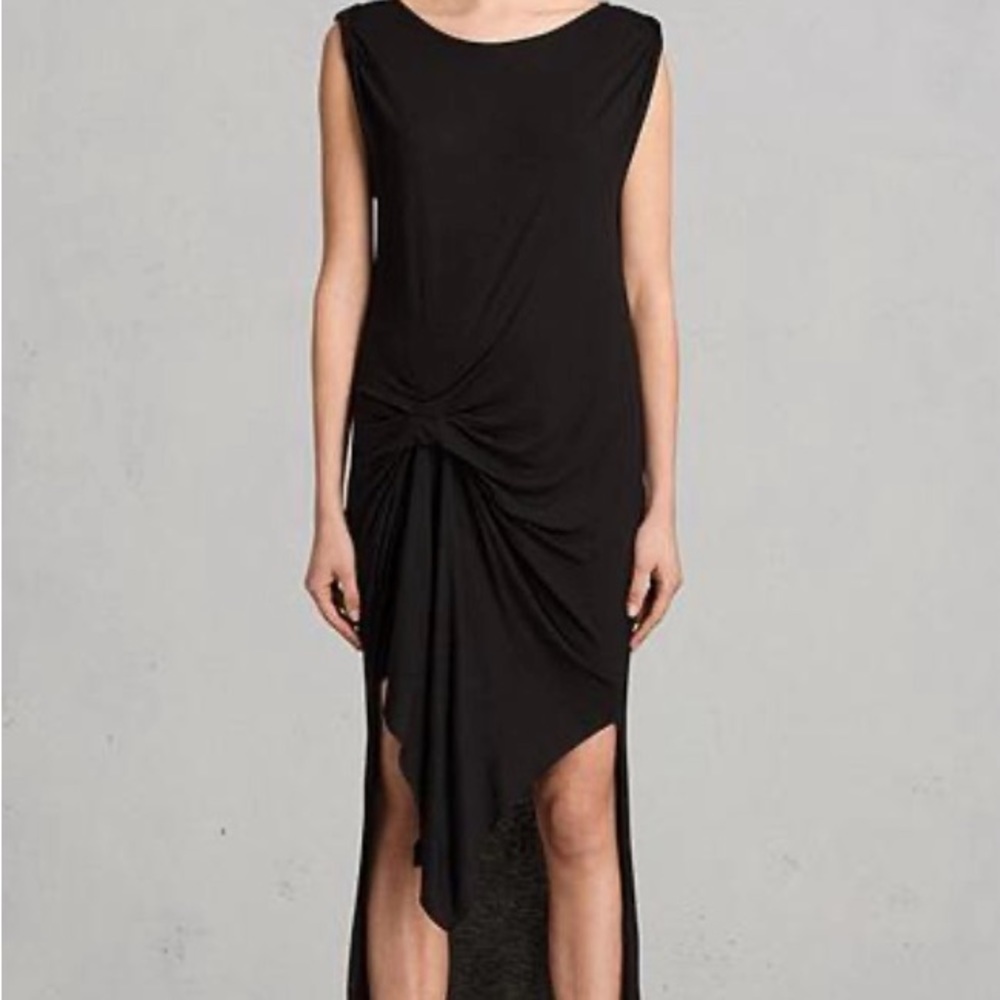 All Saints Black Midi Knot-Front Dress